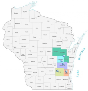 Map of Wisconsin showing approximate location of NAMI Fox Valley, NAMI Oshkosh, NAMI Dodge County NAMI Fond du Lac and NAMI Washington County